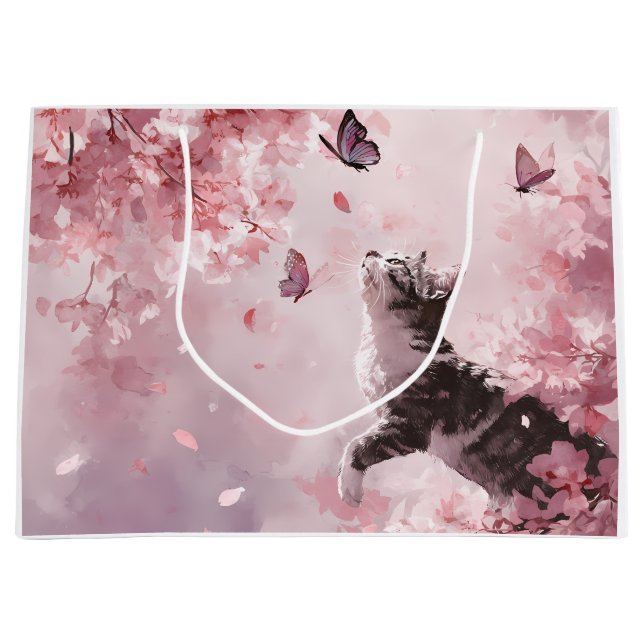 Cherry Blossom Cat and Butterflies (7) Large Gift Bag (Front)