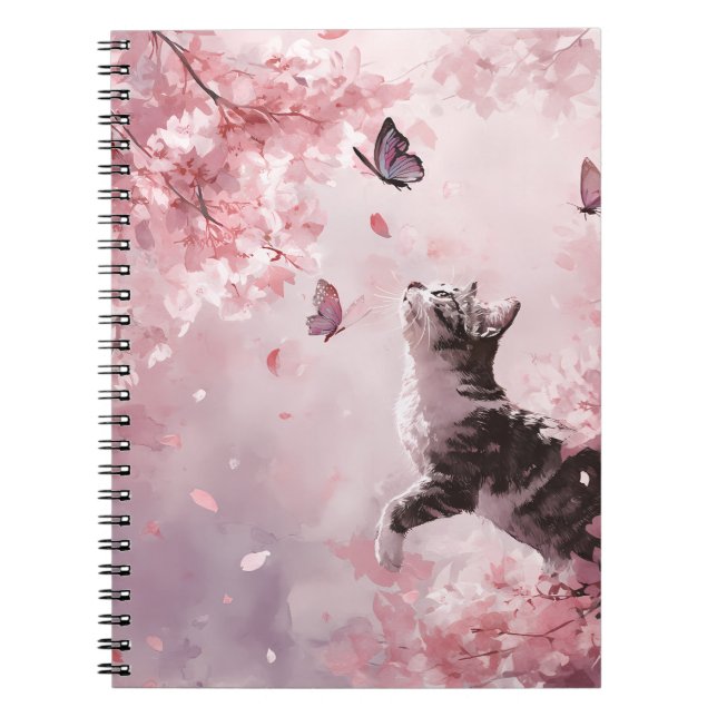 Cherry Blossom Cat and Butterflies (7) Notebook (Front)
