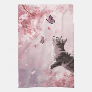 Cherry Blossom Cat and Butterflies (7) Tea Towel