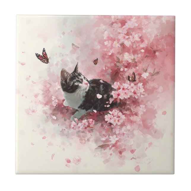 Cherry Blossom Cat and Butterflies (8) Ceramic Tile (Front)
