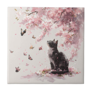 Cherry Blossom Cat and Butterflies (9) Ceramic Tile