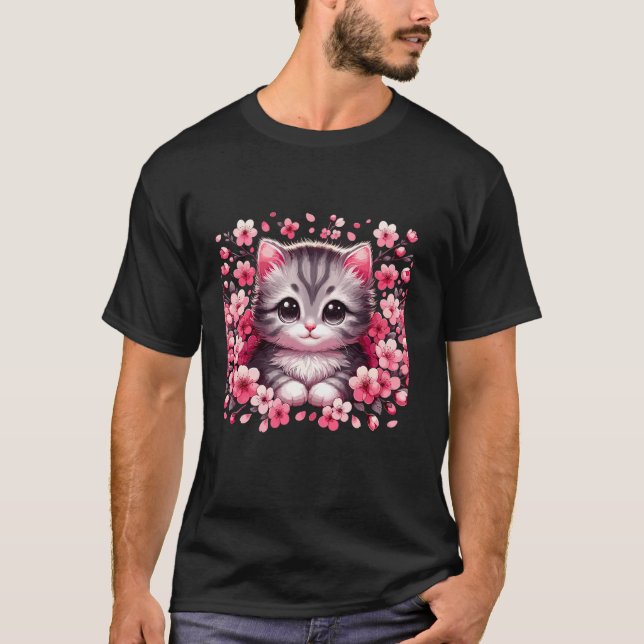 Cherry Blossom Cat Kitten T-Shirt (Front)