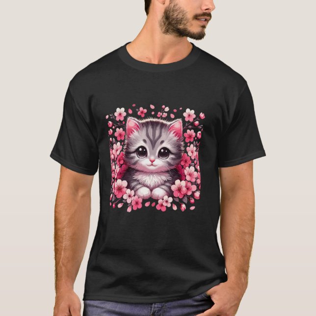 Cherry Blossom Cat Kitten T-Shirt (Front)