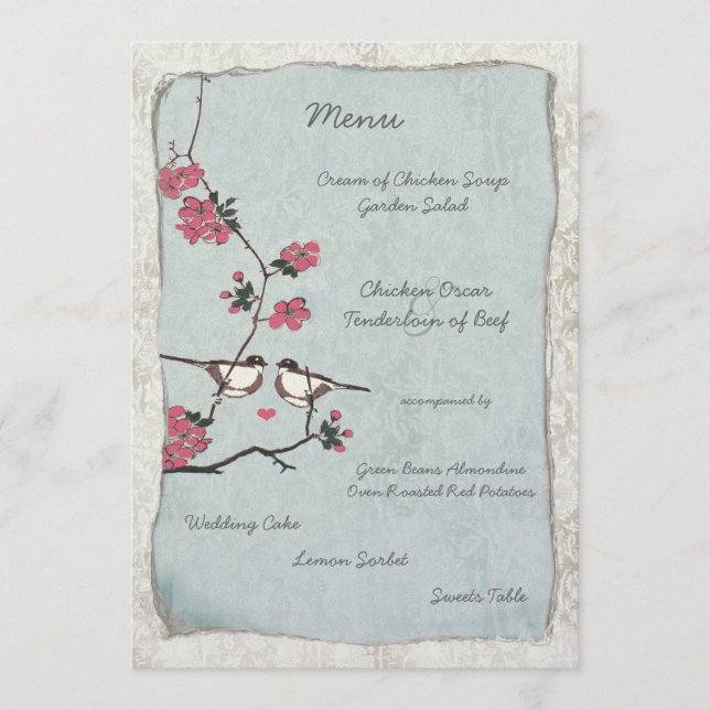 Cherry Blossom Chickadee Damask Wedding Menu (Front)