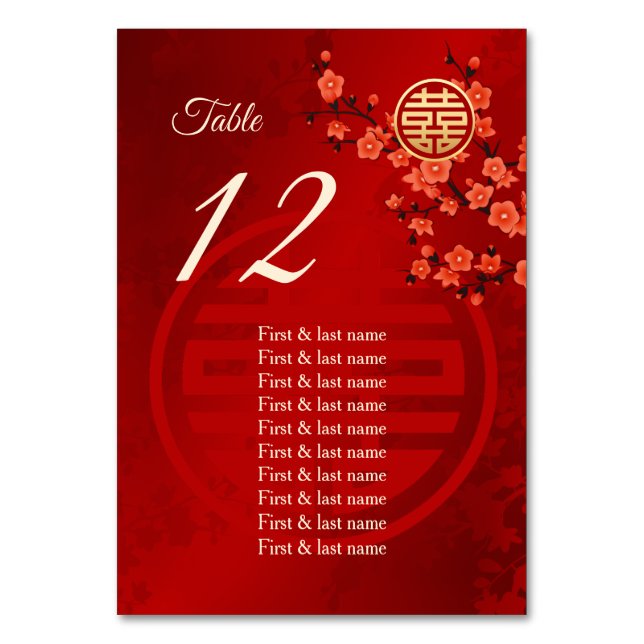 Cherry Blossom Chinese Wedding Guest Names  Table Number (Back)
