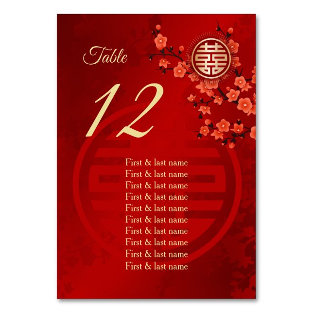 Cherry Blossom Chinese Wedding Guest Names  Table Number (Back)