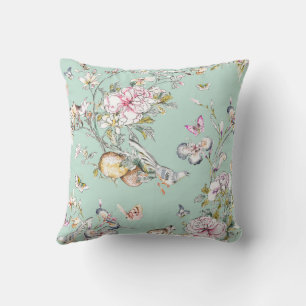 Cherry Blossom Chinoiserie on Aqua Background Cushion