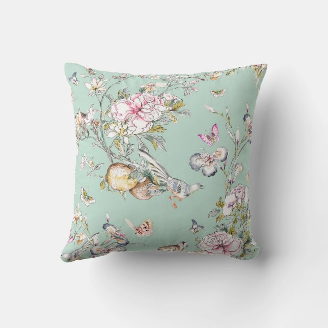 Cherry Blossom Chinoiserie on Aqua Background Cushion (Back)