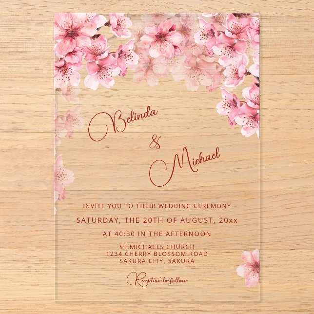  Cherry Blossom Clear Wedding Acrylic Invitations (Front)