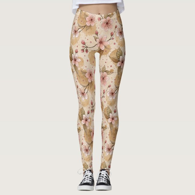 Cherry Blossom Coffee Cosy Pattern (10) Leggings (Front)