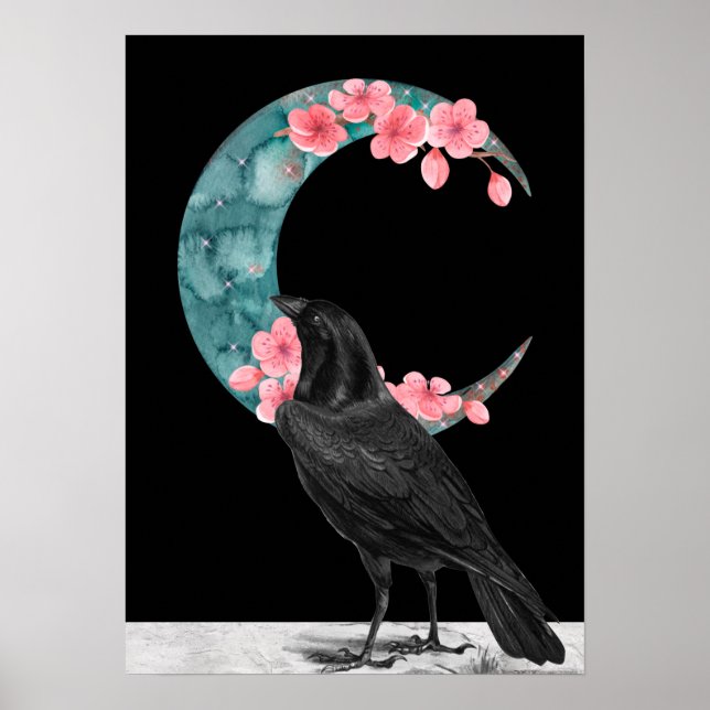 Cherry Blossom Crescent Moon and Crow Poster (Front)