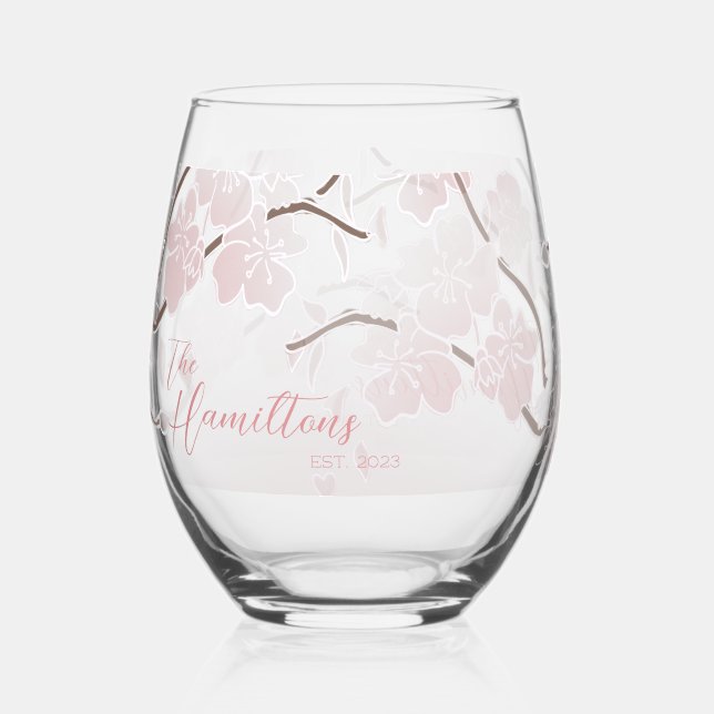Cherry Blossom Custom Established Year Stemless Wine Glass (Front)