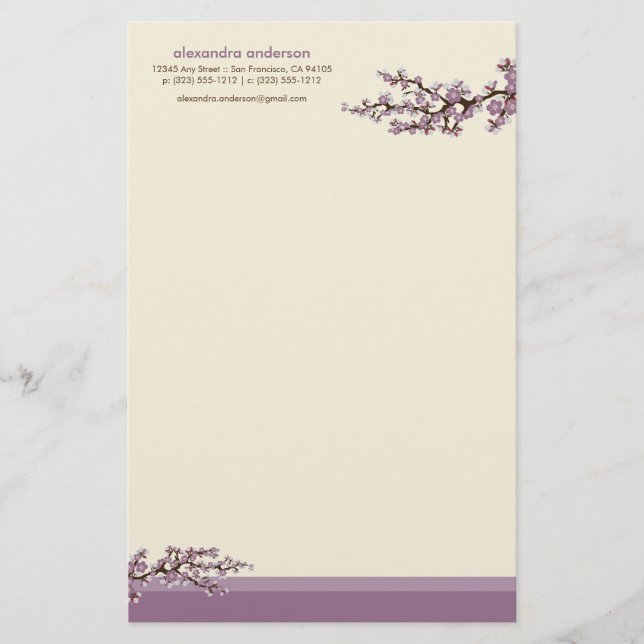 Cherry Blossom Custom Stationery (lavender) (Front)