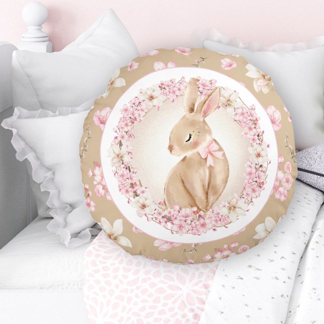Cherry Blossom Cute Bunny Pink Beige Nursery Round Cushion (Cherry Blossom Cute Bunny Pink Beige Nursery Round Pillow)