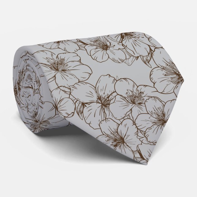 Cherry Blossom Drawing, Brown on Grey Tie (Rolled)