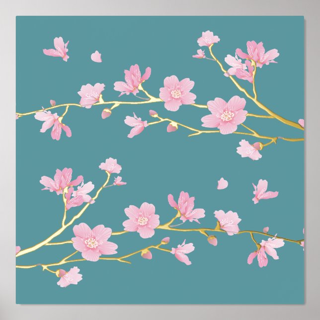 Cherry Blossom Duck Egg Blue Real Foil Prints (Front)