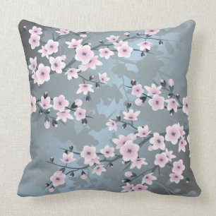Cherry Blossom Dusky Pink Grayish Blue Floral Cushion