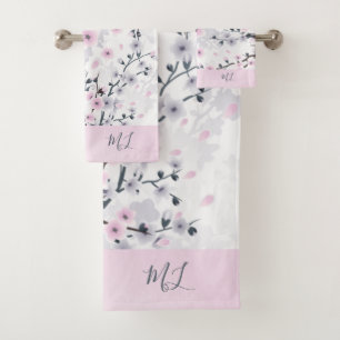 Cherry Blossom Dusky Pink Mauve Monogram Bath Towel Set