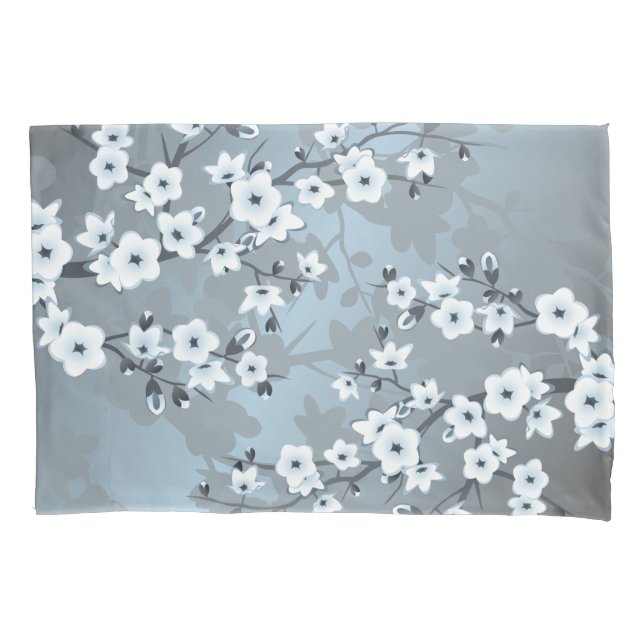 Cherry Blossom | Dusty Blue Floral Pillowcase (Front)