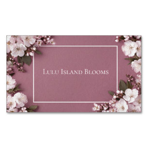 Cherry Blossom Dusty Rose Floral White Frame Magnetic Business Card