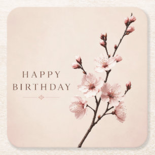 Cherry Blossom Elegance Birthday Square Paper Coaster