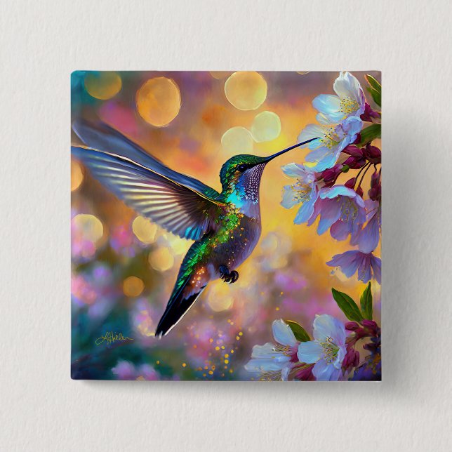 Cherry Blossom Fantasy Hummingbird 15 Cm Square Badge (Front)