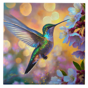 Cherry Blossom Fantasy Hummingbird Ceramic Tile