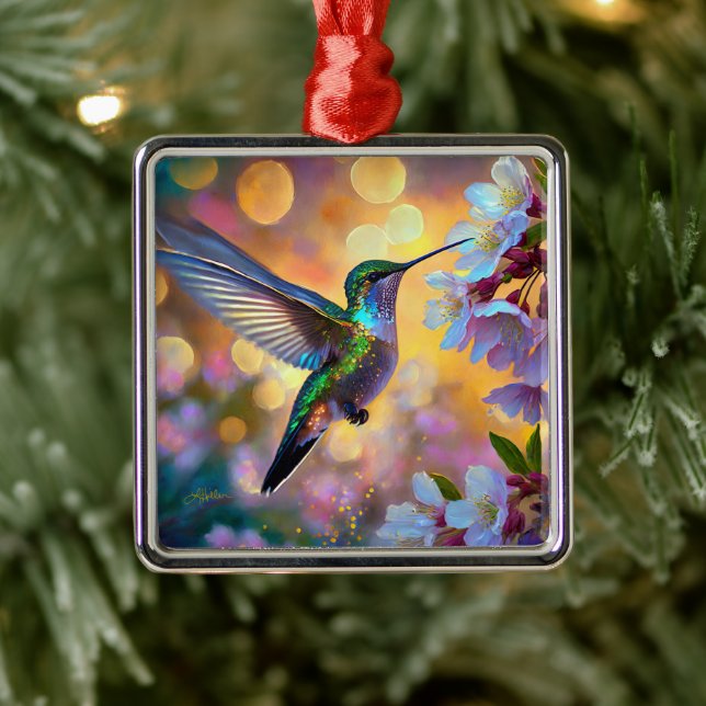 Cherry Blossom Fantasy Hummingbird Metal Ornament (Tree)