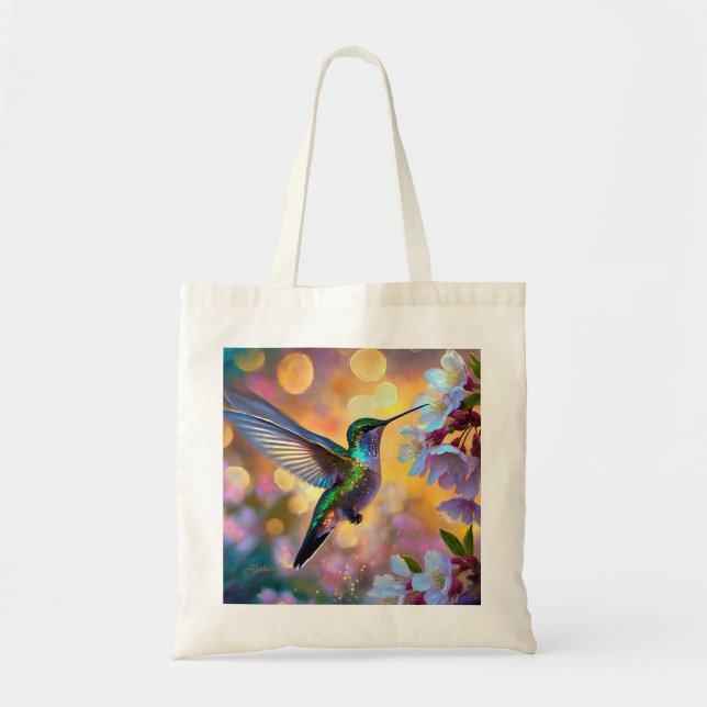 Cherry Blossom Fantasy Hummingbird Tote Bag (Front)