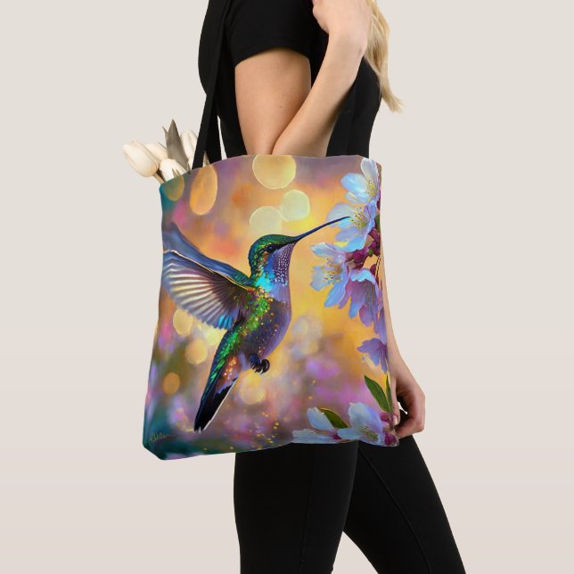 Cherry Blossom Fantasy Hummingbird Tote Bag (Close Up)