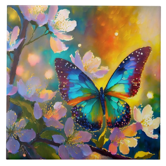 Cherry Blossom Fantasy Sunrise Butterfly Ceramic Tile (Front)