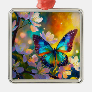 Cherry Blossom Fantasy Sunrise Butterfly Metal Ornament