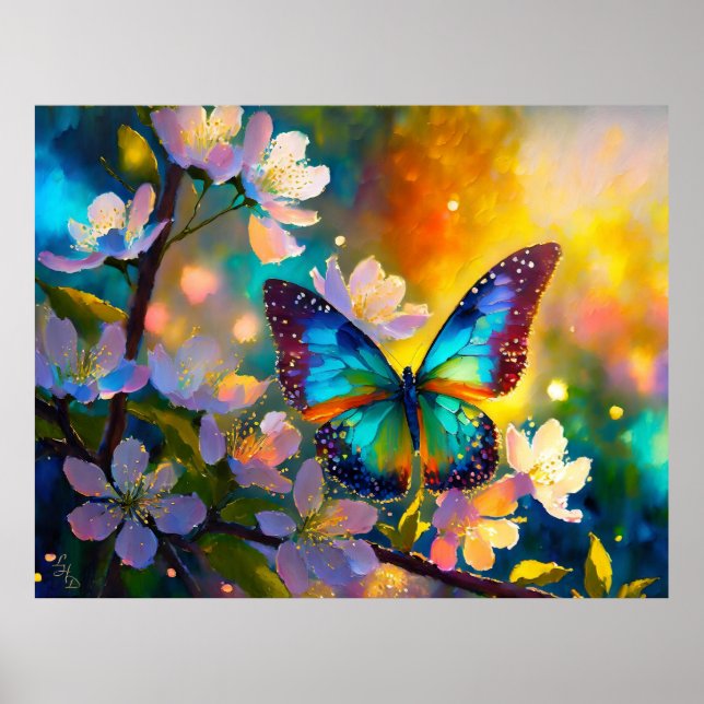 Cherry Blossom Fantasy Sunrise Butterfly Poster (Front)