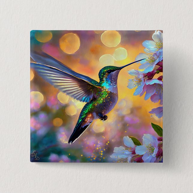Cherry Blossom Fantasy Sunrise Hummingbird 15 Cm Square Badge (Front)