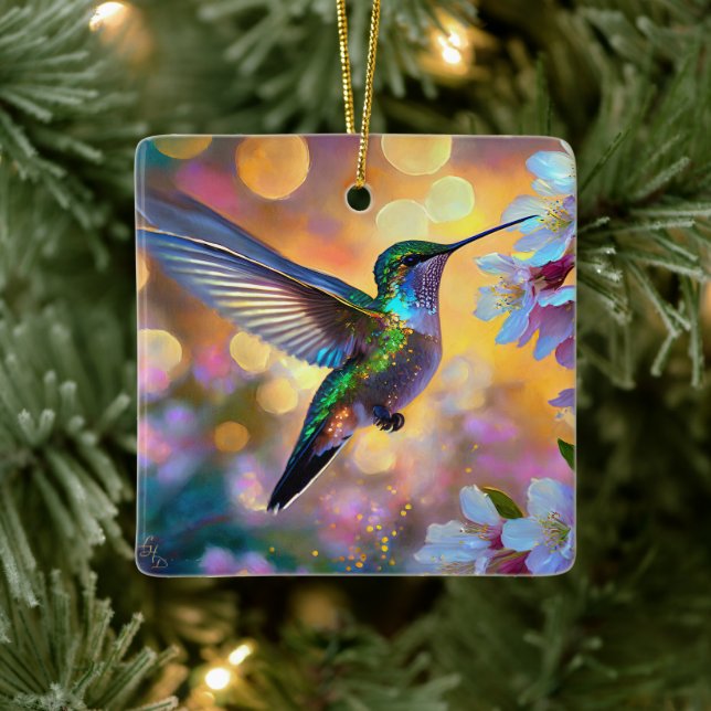 Cherry Blossom Fantasy Sunrise Hummingbird Ceramic Ornament (Tree)