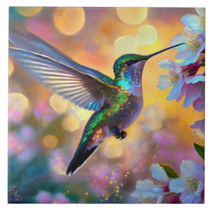 Cherry Blossom Fantasy Sunrise Hummingbird Ceramic Tile