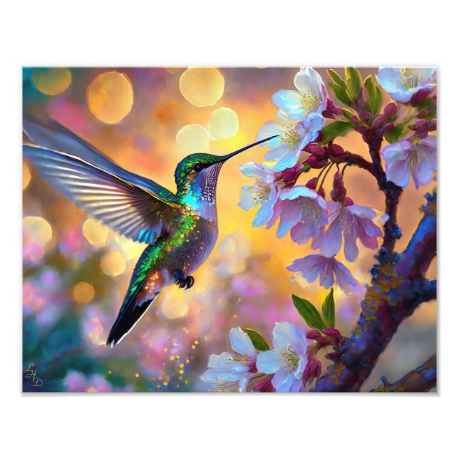 Cherry Blossom Fantasy Sunrise Hummingbird Photo Print (Front)