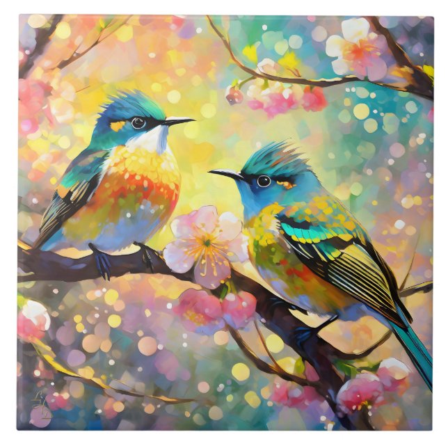 Cherry Blossom Fantasy Sunrise Songbirds Ceramic Tile (Front)