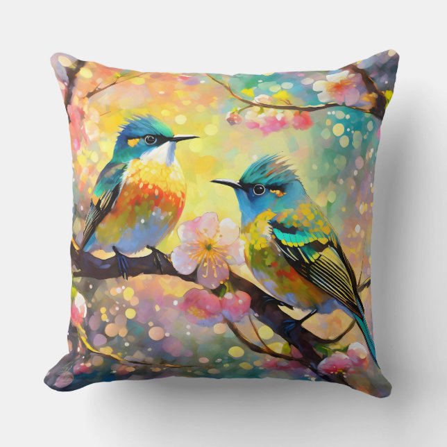 Cherry Blossom Fantasy Sunrise Songbirds Cushion (Front)