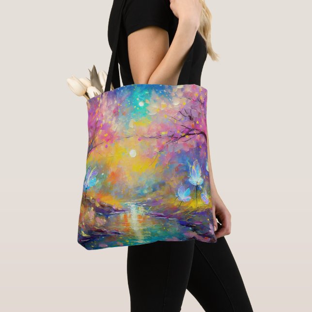 Cherry Blossom Fantasy Sunrise Stream Tote Bag (Close Up)