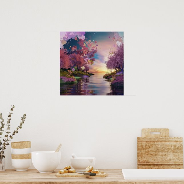 Cherry Blossom Fantasy: Tranquil Sunset Scene Poster (Kitchen)