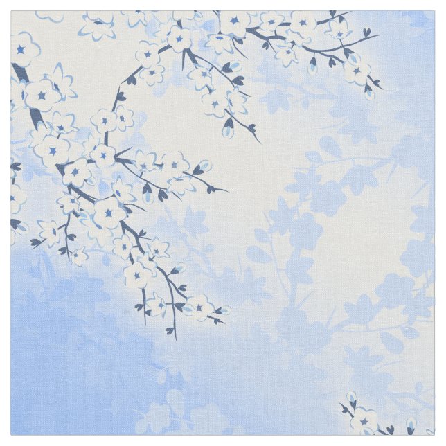 Cherry Blossom Floral Asia Blue White Fabric (Close Up)