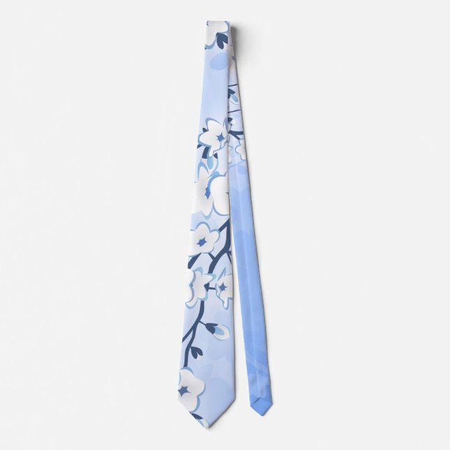 Cherry Blossom Floral Asia Blue White Tie (Front)