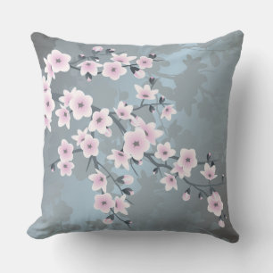 Cherry Blossom Floral Dusty Pink Blue Outdoor Cushion