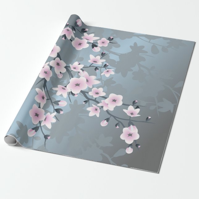Cherry Blossom Floral Dusty Pink Blue Wrapping Paper (Unrolled)