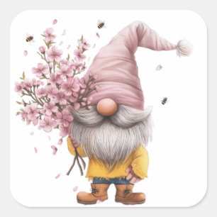 Cherry Blossom Floral Gnome Square Sticker