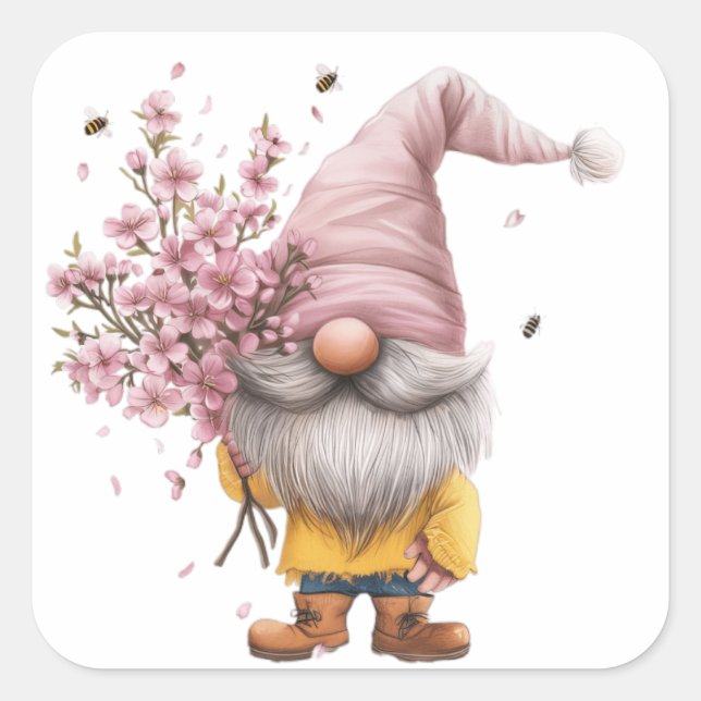 Cherry Blossom Floral Gnome Square Sticker (Front)