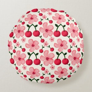 Cherry Blossom Floral Pattern, Pink Flowers Round Cushion