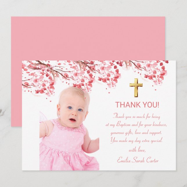 Cherry Blossom Floral Photo Cross Girl Baptism Thank You Card (Front/Back)