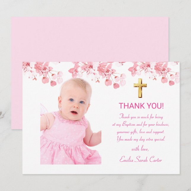 Cherry Blossom Floral Photo Cross Girl Baptism Thank You Card (Front/Back)